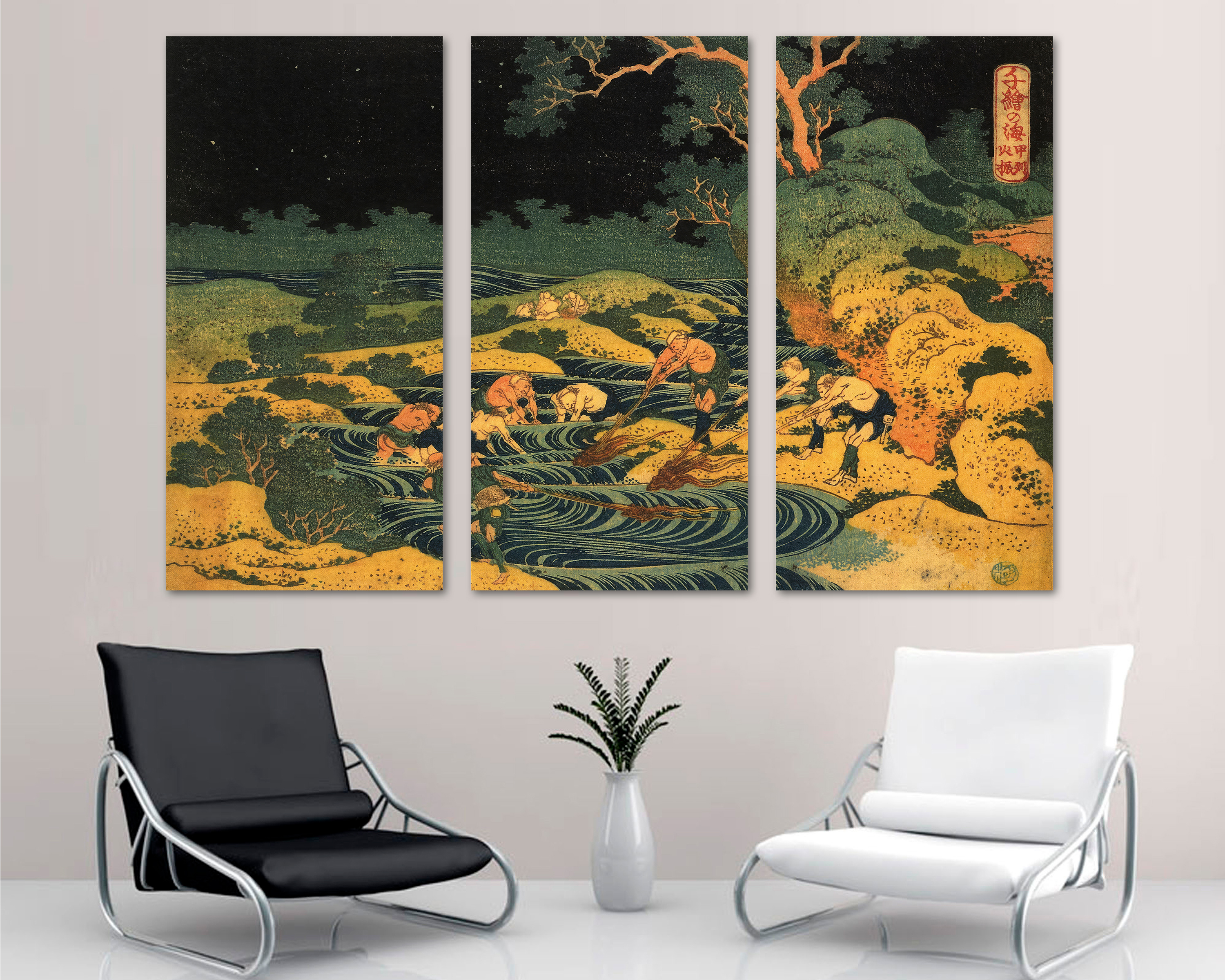 Fishing by Torchlight in Kai Province Canvas Print 3 Panel Split