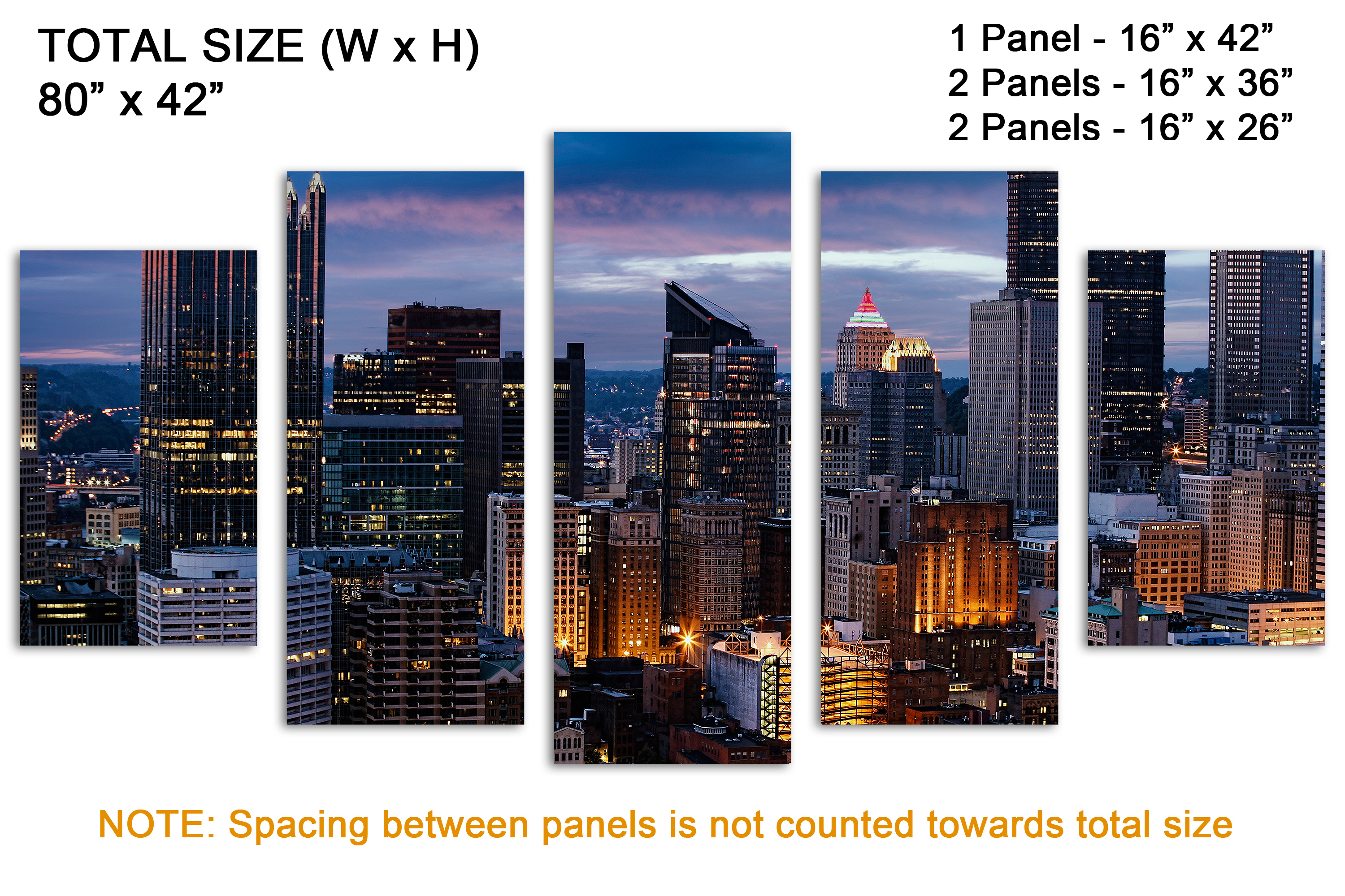 Pittsburgh, PA Skyline Wall Art Canvas Print at night 5 Panel