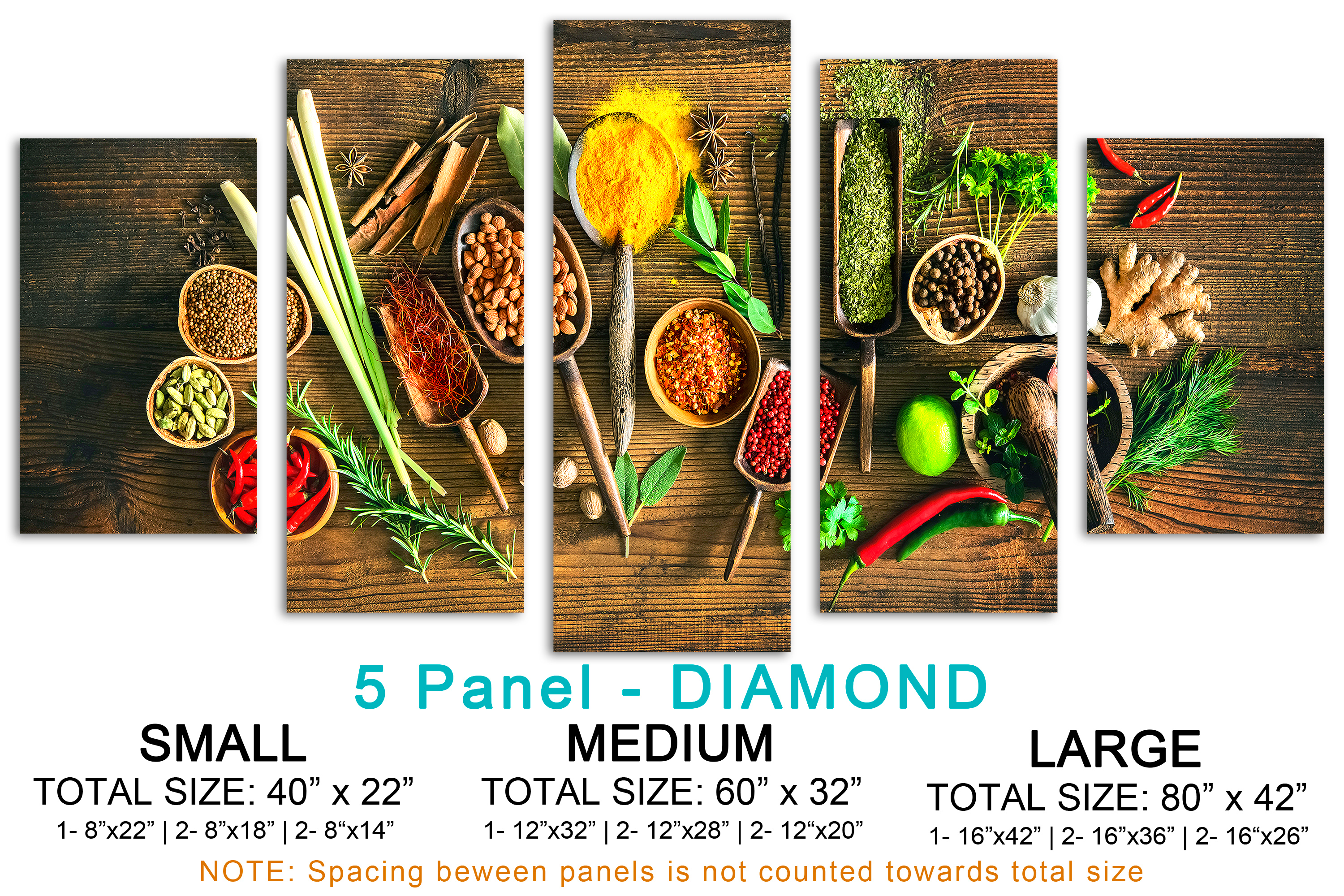 Spices canvas print Wall Art Herbs & spices 5 Panel Diamond Split