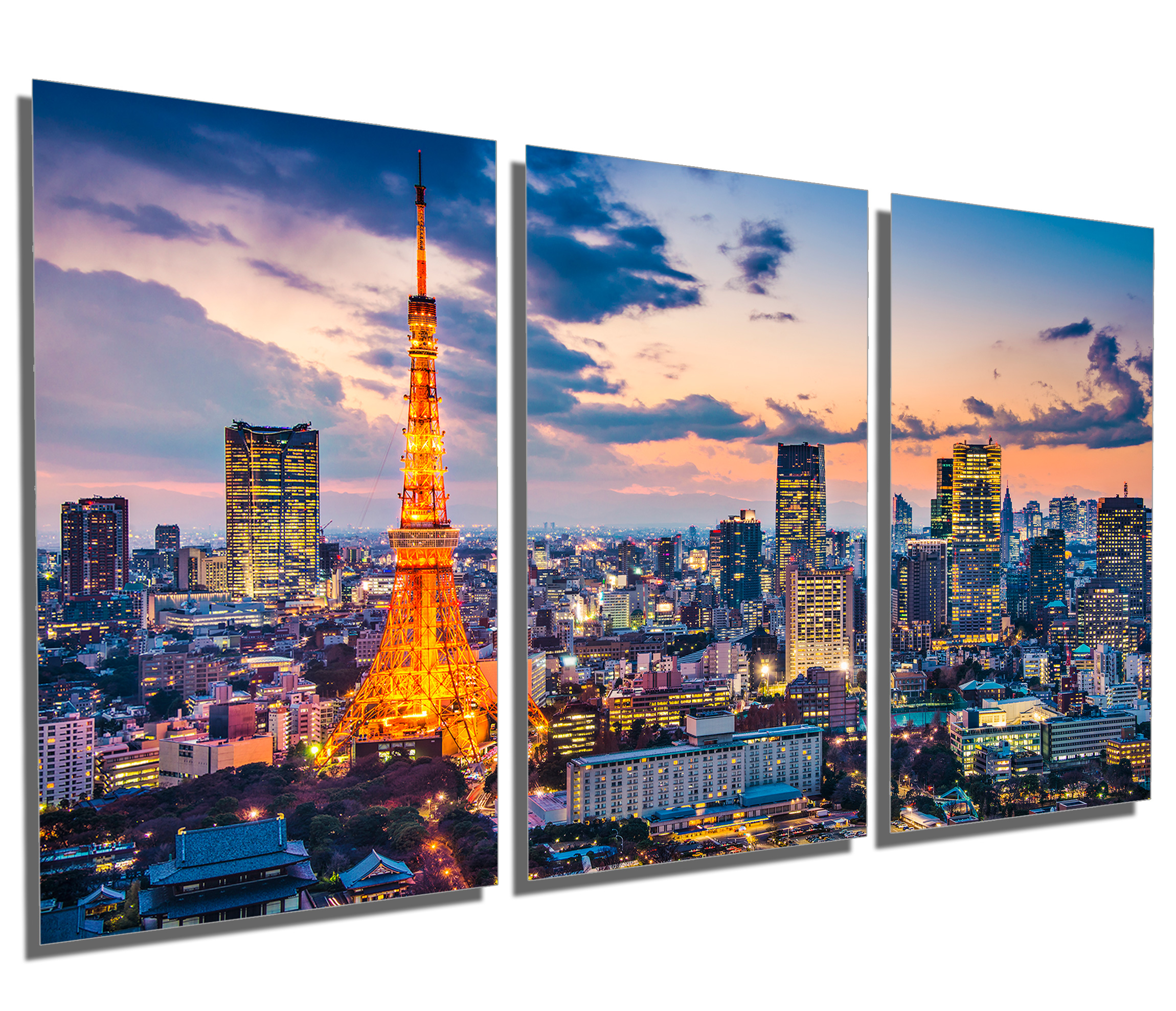 現代アート「ダルマ朝日を取り巻く層積雲」（3D painting） Tokyo, Japan Evening Skyline - Metal Print wall art. 3 Panel