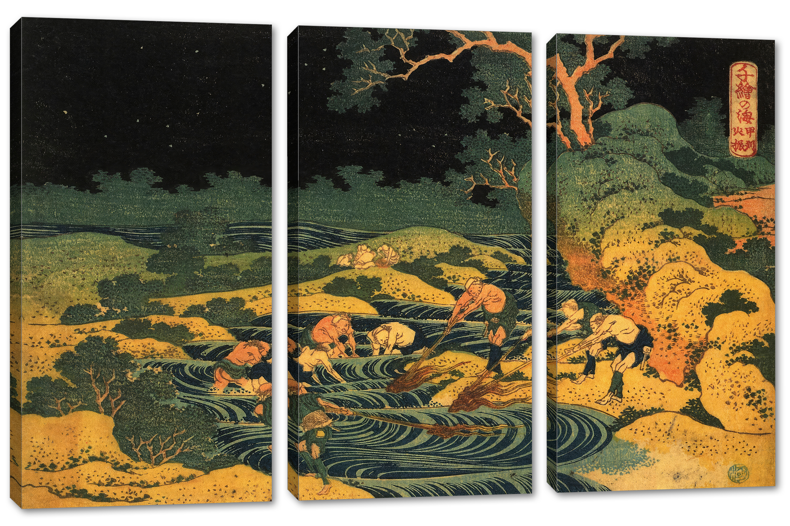 Fishing by Torchlight in Kai Province Canvas Print 3 Panel Split