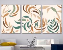 Boho Wall Art Canvas Botanical Print Organic Leaves Green, brown floral art - 3 Panel Split