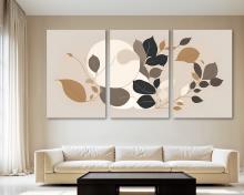 Boho Wall Art Canvas Simple Botanical Print Neutal color tones on beige, office art - 3 Panel Split