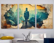 Surrealism Wall Art Canvas or Time Traveler walks to the city through the book Print - 3 Panel Split