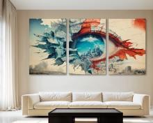 Surrealism Wall Art Eye Canvas Print with cityscape in iris, trippy wall art - 3 Panel Split