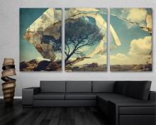 Surrealism Canvas Wall Art landscape with large tree Print vintage effect - 3 Panel Split