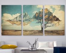 Surrealism Canvas Wall Art tree and mountains manifesting Print, office art - 3 Panel Split
