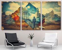 Surrealism Wall Art Canvas cowboy silhouette & dreamlike fantasy landscape Print - 3 Panel Split