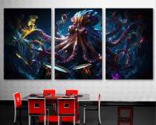 Angry Octopus Drummer Canvas Wall Art Print colorful sea monster artwork - 3 Panel Split