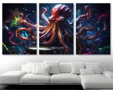 Magic Octopus Drummer Wall Art Canvas Print chill octopus colorful artwork - 3 Panel Split