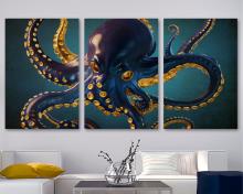 Octopus Canvas Wall Art Print with gold suckers for boys room decor - 3 Panel Split
