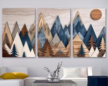 Wood Mountains Canvas Wall Art Print Modern farmhouse rustic, office art - 3 Panel Split
