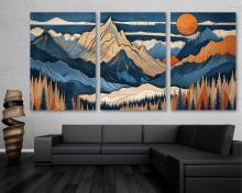 Mountain Landscape Canvas Wall Art Print mid century decor Wood Texture Art - 3 Panel Split
