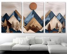 Wood Mountain Canvas Wall Art Print Modern farmhouse rustic, office art - 3 Panel Split