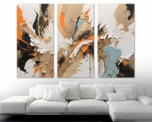 Abstract Wall Art Canvas Print 3 Panel Split Impasto style orange, brown, black - Flat 2D Giclee