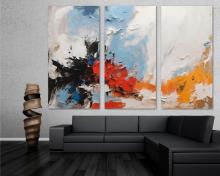 Abstract Canvas Wall Art Print 3 Panel Split Impasto Style Red, Orange, Black, Blue - Flat 2D Giclee