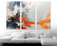 Abstract Wall Art Canvas Print 3 Panel Split Impasto Style dark blue, red, orange - Flat 2D Giclee