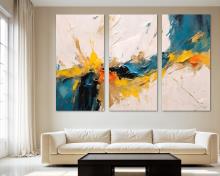 Canvas Wall Art Abstract Print 3 Panel Split Impasto Style yellow,orange, green-blue. Flat 2D Giclee