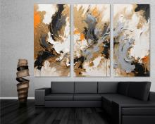 Abstract Wall Art Canvas Print 3 Panel Split Impasto Style Gold-bronze, black, gray - Flat 2D Giclee
