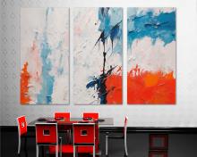 Abstract Canvas Wall Art Print 3 Panel Split Impasto Style Blue, Red on white- Flat 2D Giclee