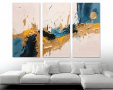 Abstract Wall Art Canvas Print 3 Panel Split Impasto Style gold-orange and blue - Flat 2D Giclee