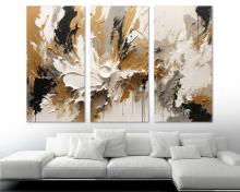 Canvas Wall Art Abstract Print 3 Panel Split Impasto style bronze-gold, white, black. Flat 2D Giclee