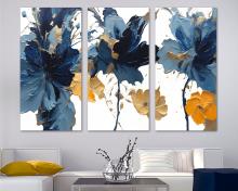 Abstract Floral Wall Art Canvas Botanical Prints 3 Panel Split Impasto Style blue, orange - Flat 2D