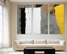 Abstract Wall Art Canvas Print 3 Panel Split Impasto stylle Black, white, gray, yellow - Flat 2D