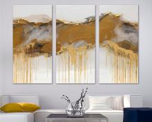 Abstract Wall Art Canvas Print 3 Panel Split mountain landscape dripping gold - Flat 2D Giclee