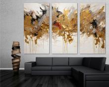 Abstract Wall Art Canvas Print 3 Panel Split Impasto style golden broshstrokes - Flat 2D Giclee