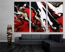 Abstract Marble Wall Art Fluid Canvas Red, black, white Print 3 Panel Split Flat 2D Giclee