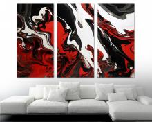 Abstract Canvas Wall Art Red, Black, White Fluid Marble Print 3 Panel Split - Flat 2D Giclee