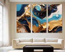 Abstract Golden Wave Wall Art Canvas fluid Gold, Blue and Black Print 3 Panel Split - Flat 2D Giclee