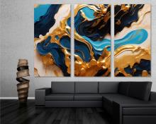 Fluid Gold and Blue Canvas Wall Art Abstract Print of flowing paints 3 Panel Split Flat 2D Giclee