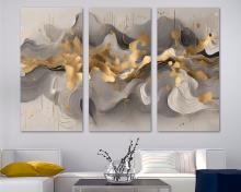 Abstract dynamic Canvas Wall Art Shapes & lines Print 3 Panel Split Gold, gray, beige tones. Flat 2D