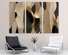 Elongated Shapes Wall Art Abstract Canvas Print 3 Panel Split black,gold, beige Flat 2D Giclee