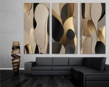 Modern Canvas Wall Art Elongated shapes Print 3 Panel Split Beige, Black and Gold tones