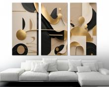 Geometric Wall Art Beige, Black and Gold Canvas Print 3 Panel Split Modern Art Decor - Flat 2D