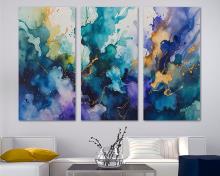 Abstract Watercolor Canvas Wall Art vibrand blue and purple Print, office art - 3 Panel Split