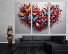 Heart Butterflies Canvas Wall Art Print Banksy inspired pop art, office art - 3 Panel Split