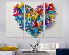 Colorful Butterflies Heart Wall Art Canvas Print Banksy inspired pop art, office art - 3 Panel Split