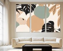 Boho Wall Art Canvas Tropical Leaves Print Botanical art Pistachio Green, orange - 3 Panel Split