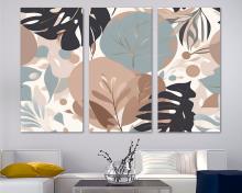 Boho Tropical Leaves Canvas Wall Art Botanical Print Slate Blue and Brown - 3 Panel Split