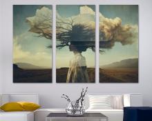 Surrealism Wall Art Woman with a tree head weird art Print on Canvas, office art - 3 Panel Split