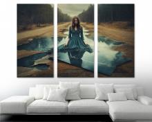Surrealism Canvas Wall Art Girl at mirror pond Print illusion wall art, office art - 3 Panel Split