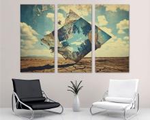 Surrealism Canvas Wall Art frame in desert with dreamlike scene Print, office art - 3 Panel Split