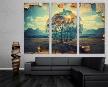 Surrealism Wall Art trees in circular mirage Canvas Print, office art - 3 Panel Split