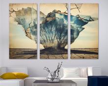 Surrealism Wall Art Trees rising from barren desert Canvas Print, office art - 3 Panel Split