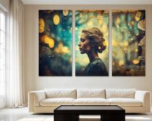 Surreal Canvas Wall Art dreamy woman's profile Bokeh Print, office art - 3 Panel Split