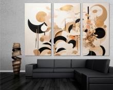 Japandi Wall Art Canvas Print 3 Panel Split bronze and black on beige abstract wall art. Flat 2D